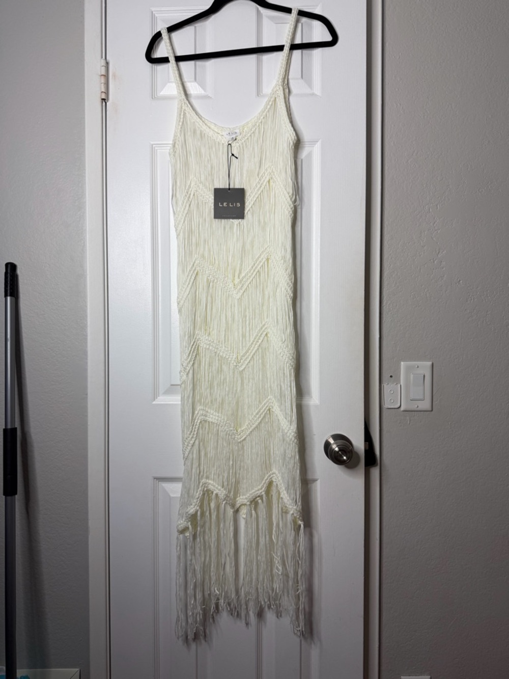 Le Lis Cream Fringe Midi Dress with Spaghetti Straps